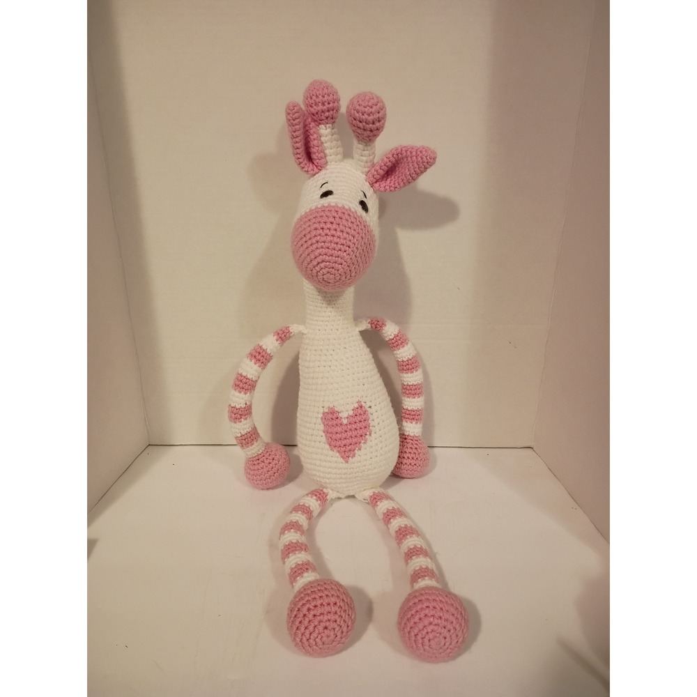 Handmade Crochet Giraffe Plush Pink White Heart Amigurumi Stuffed Animal 24 Inch